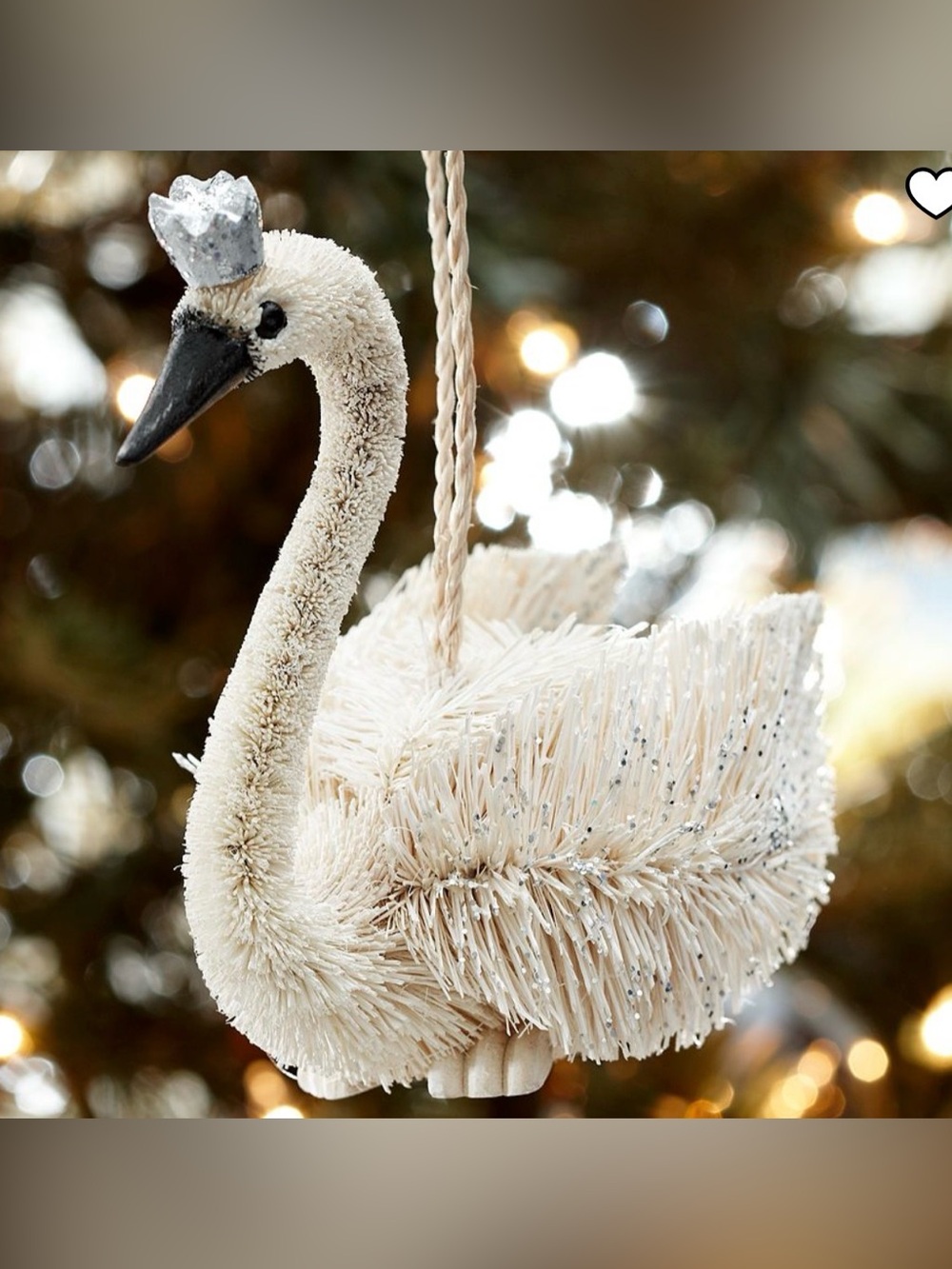 Pottery Barn Crowned Swan Ornament Natural Bottlebrush Glitter Holiday Gifts - Picture 7 of 7
